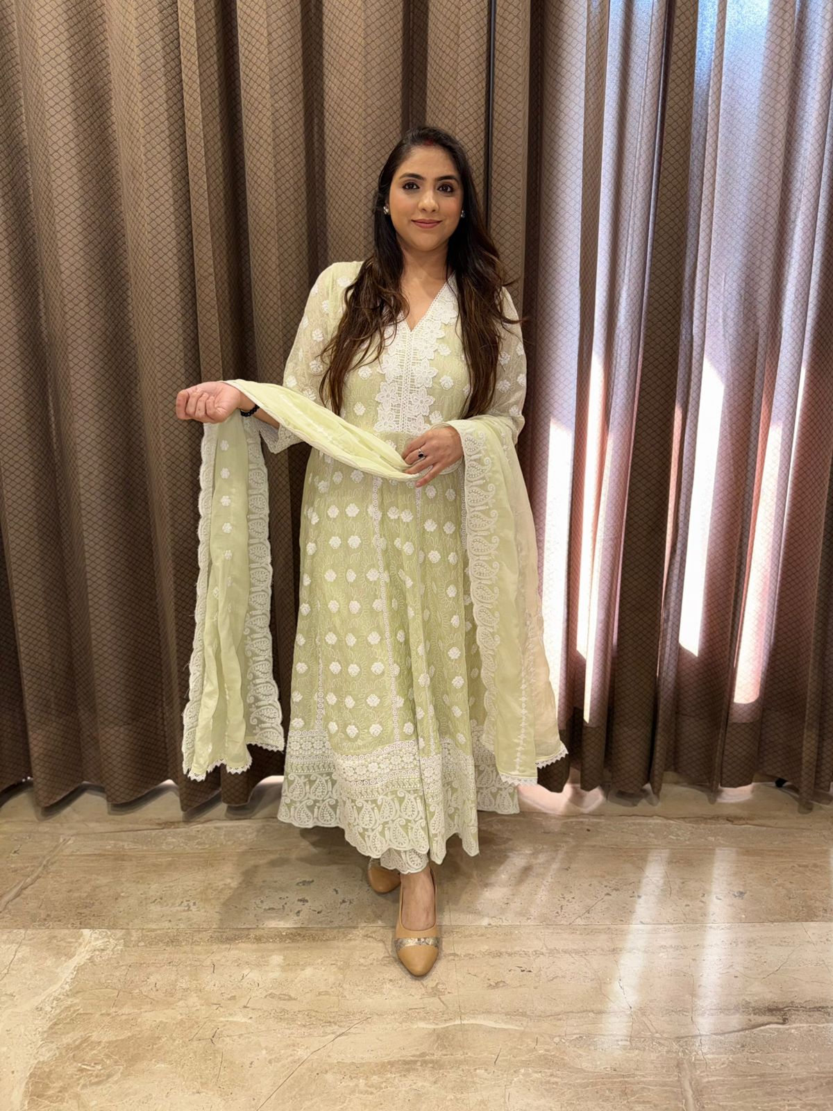 Elegant Pastel Green Mul Cotton Lucknavi Anarkali with Dupatta