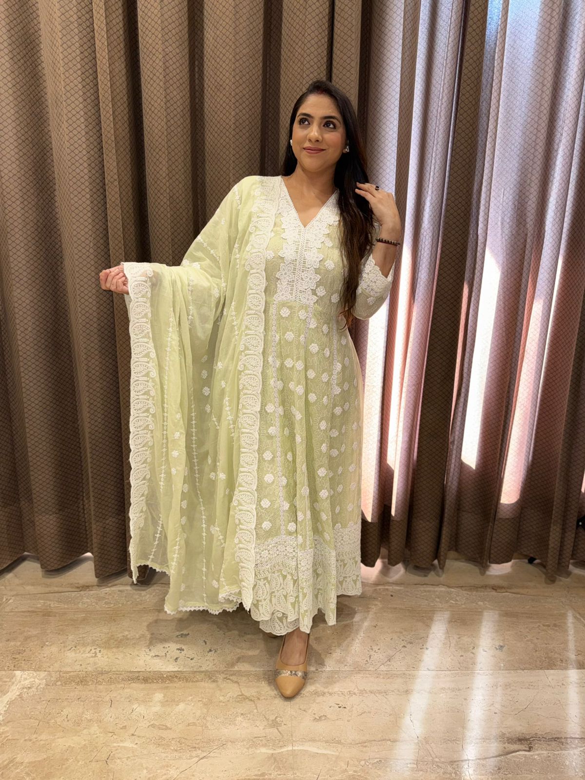 Elegant Pastel Green Mul Cotton Lucknavi Anarkali with Dupatta