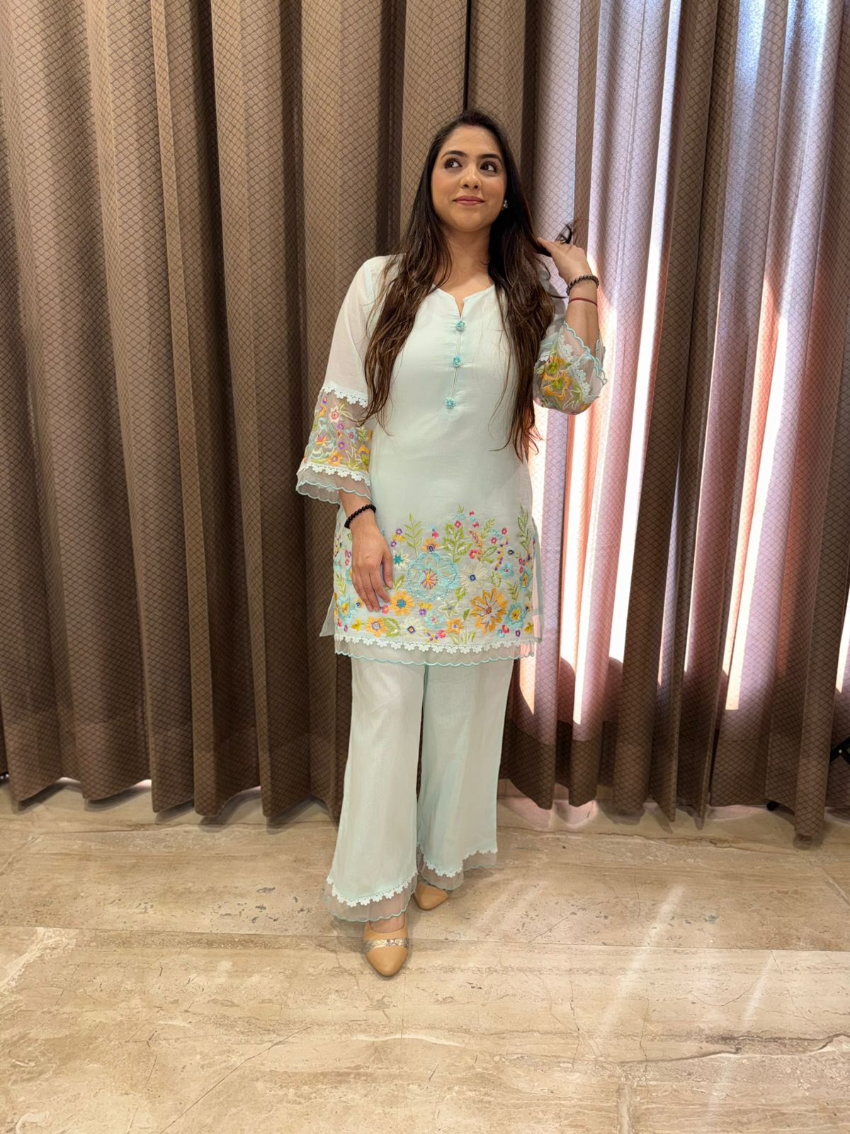 Pastel Blue Hand-Embroidered Co-ord Set