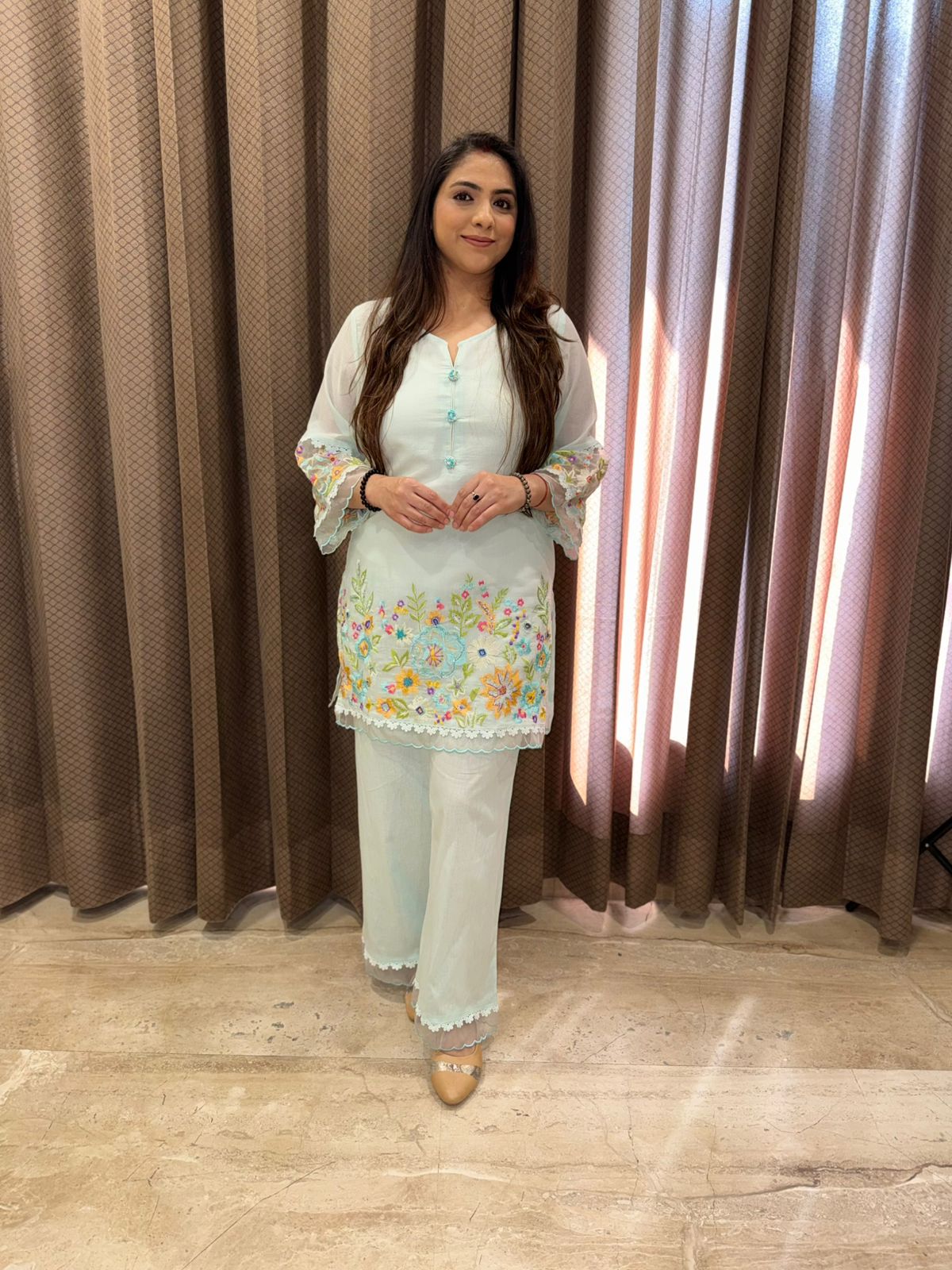 Pastel Blue Hand-Embroidered Co-ord Set