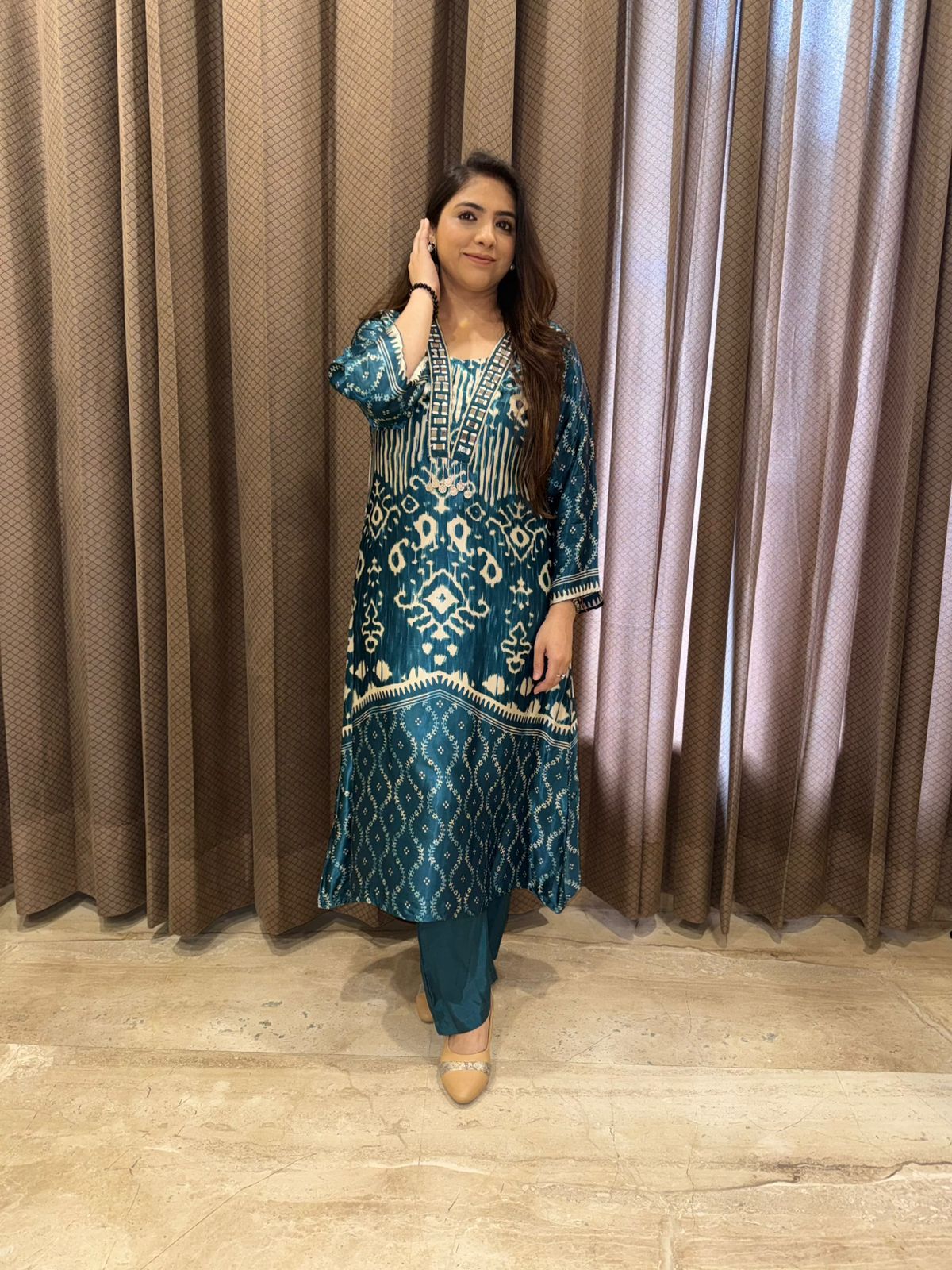 Elegant Teal blue Ikat Style C-Cut Co-ord Set