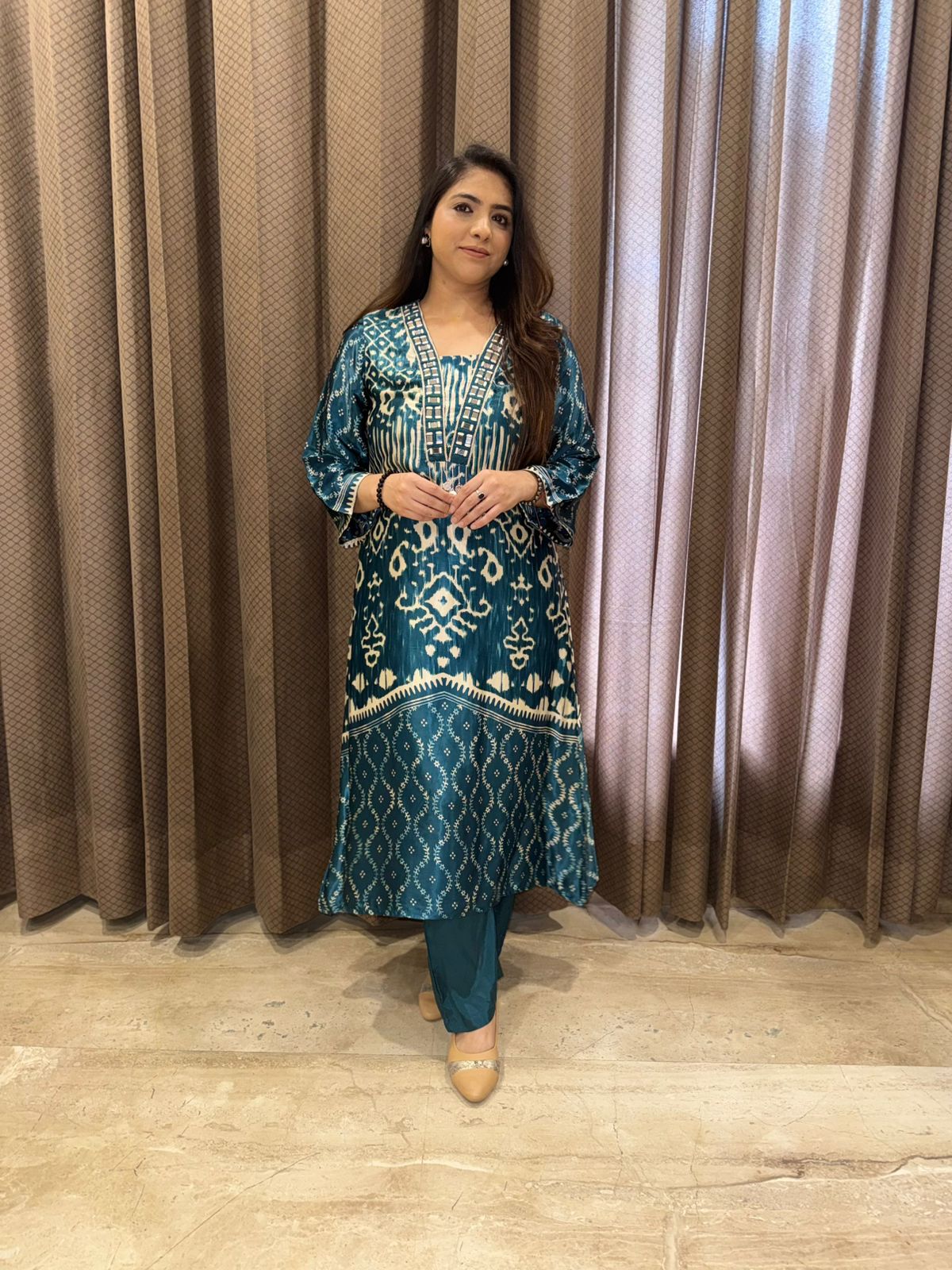 Elegant Teal blue Ikat Style C-Cut Co-ord Set