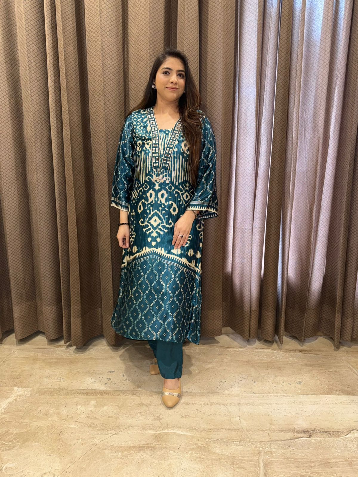 Elegant Teal blue Ikat Style C-Cut Co-ord Set