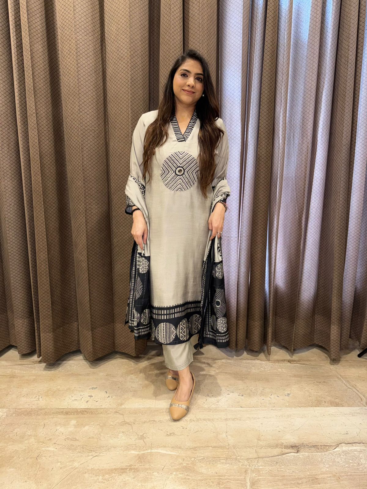 Designer Grey Straight suit set with Dupatta