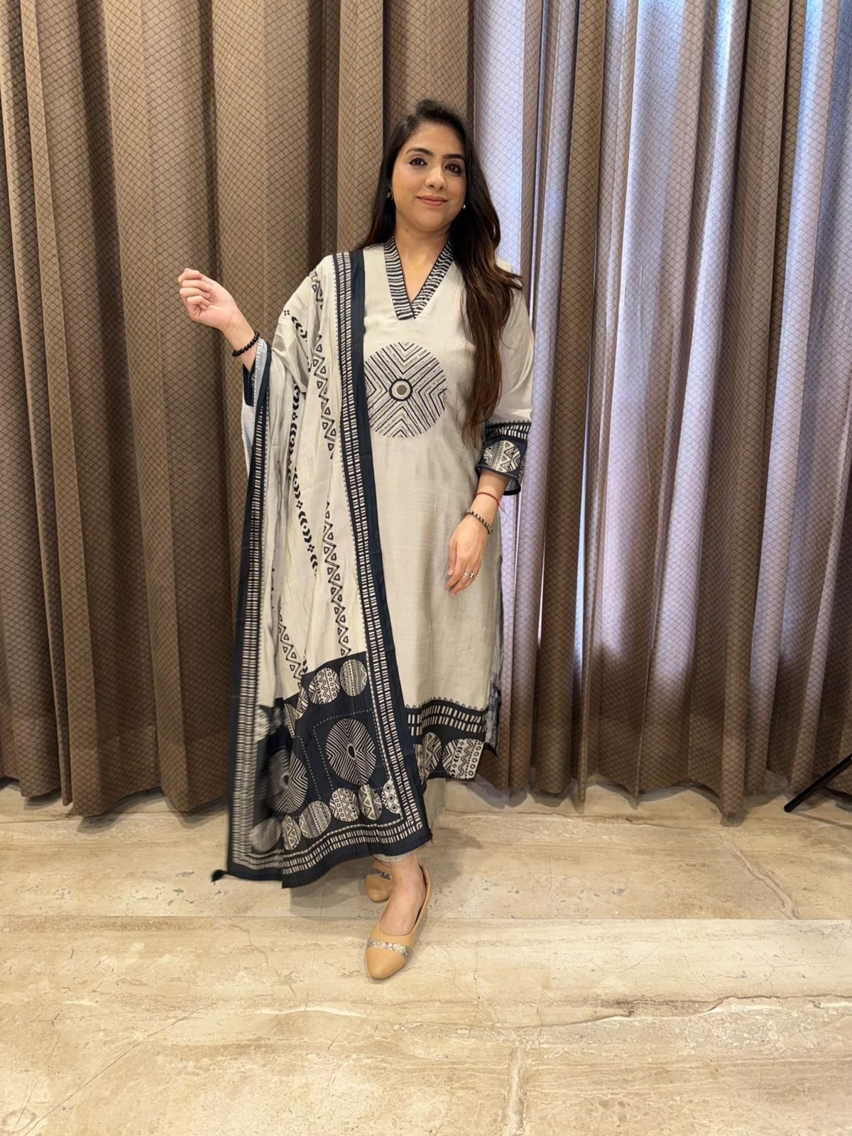 Designer Grey Straight suit set with Dupatta