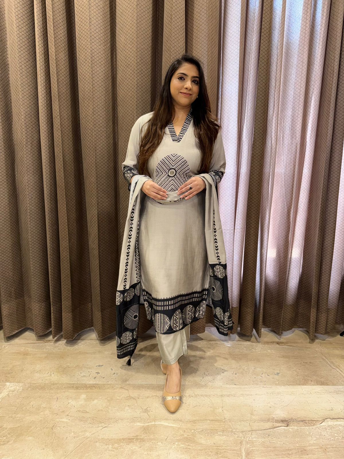 Designer Grey Straight suit set with Dupatta