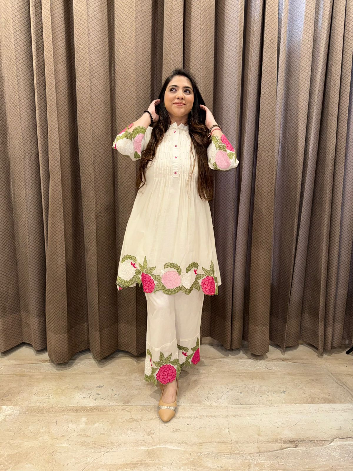 Premium Off white flower cut work Co-ord set