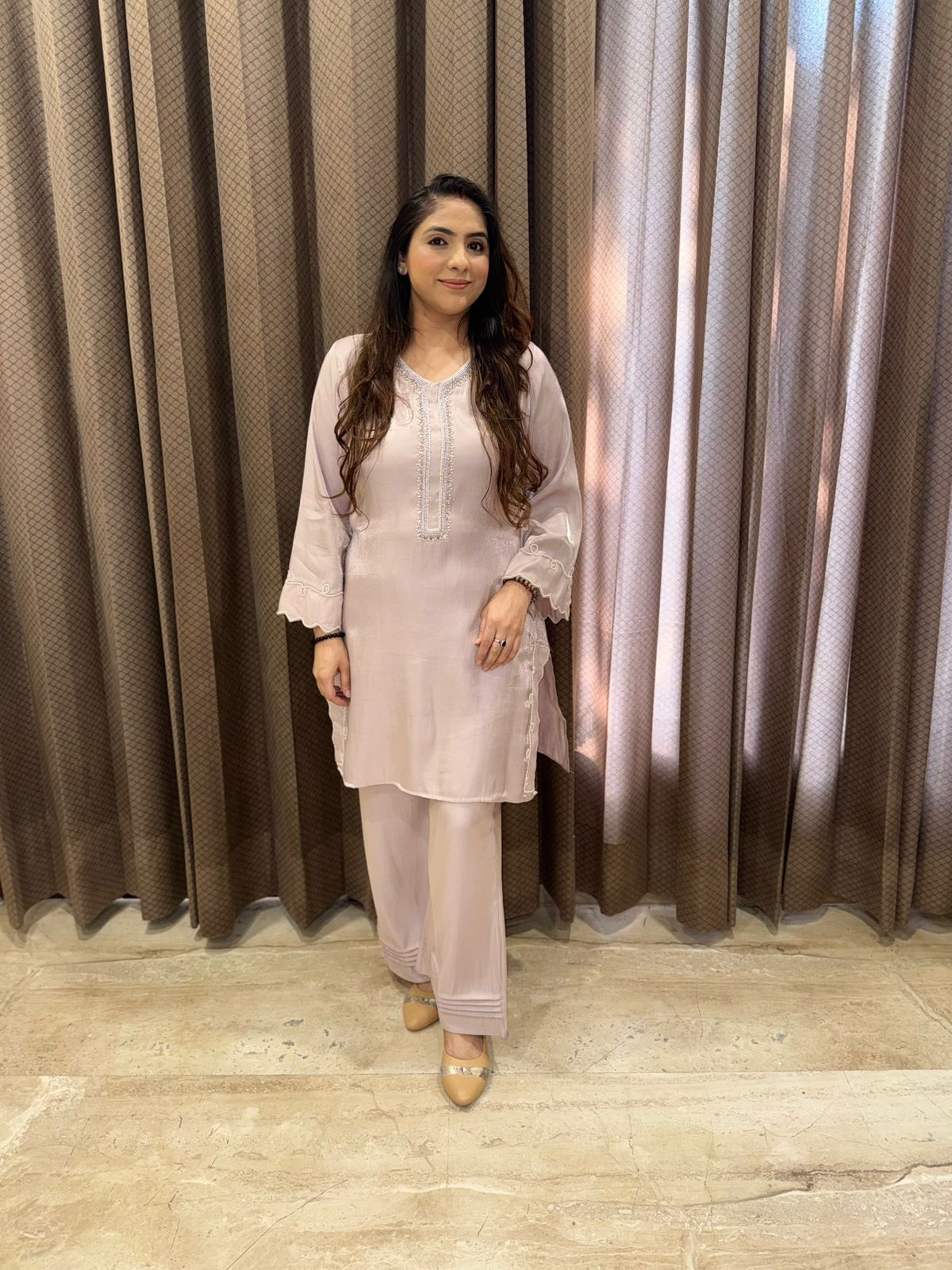 Designer Rosegold pearl handwork Co-ord set