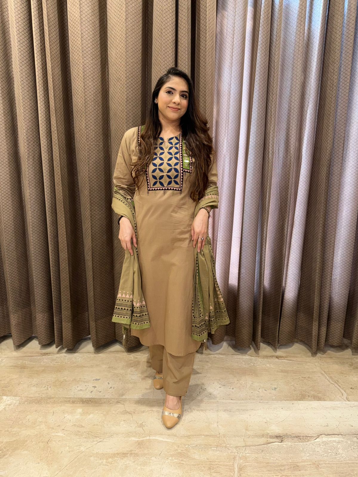 Muted Brown Kurta Set with Traditional handwork on neck