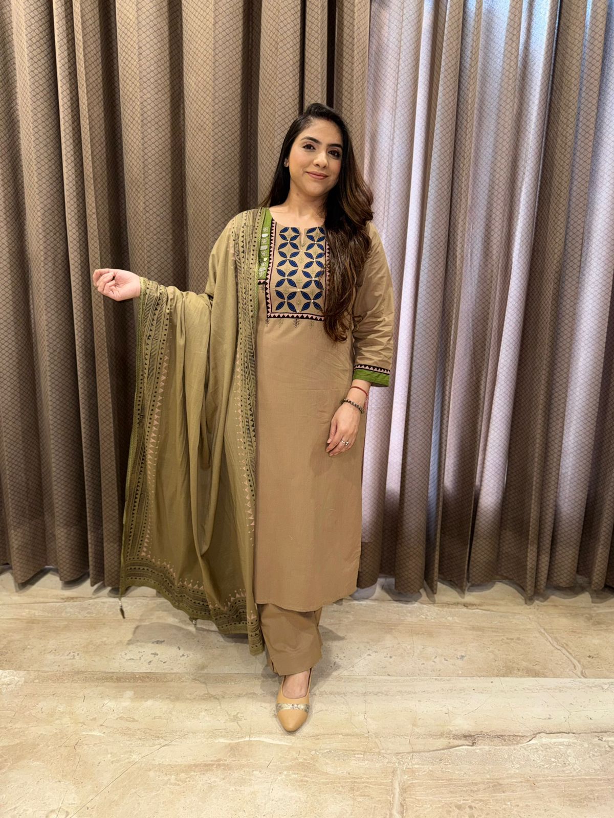 Muted Brown Kurta Set with Traditional handwork on neck