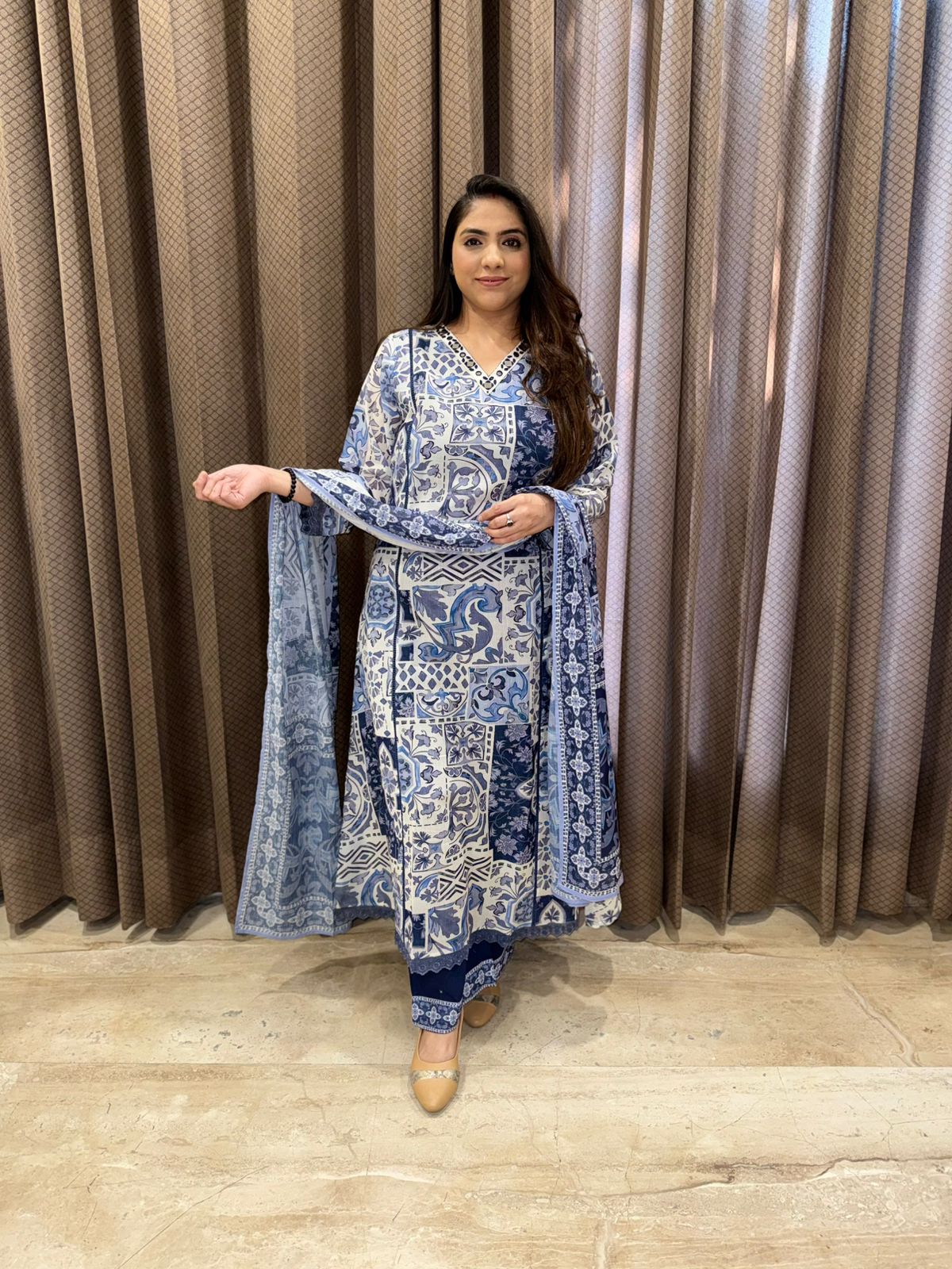 Blue Sapphire  A line Heritage print kurta set with dupatta