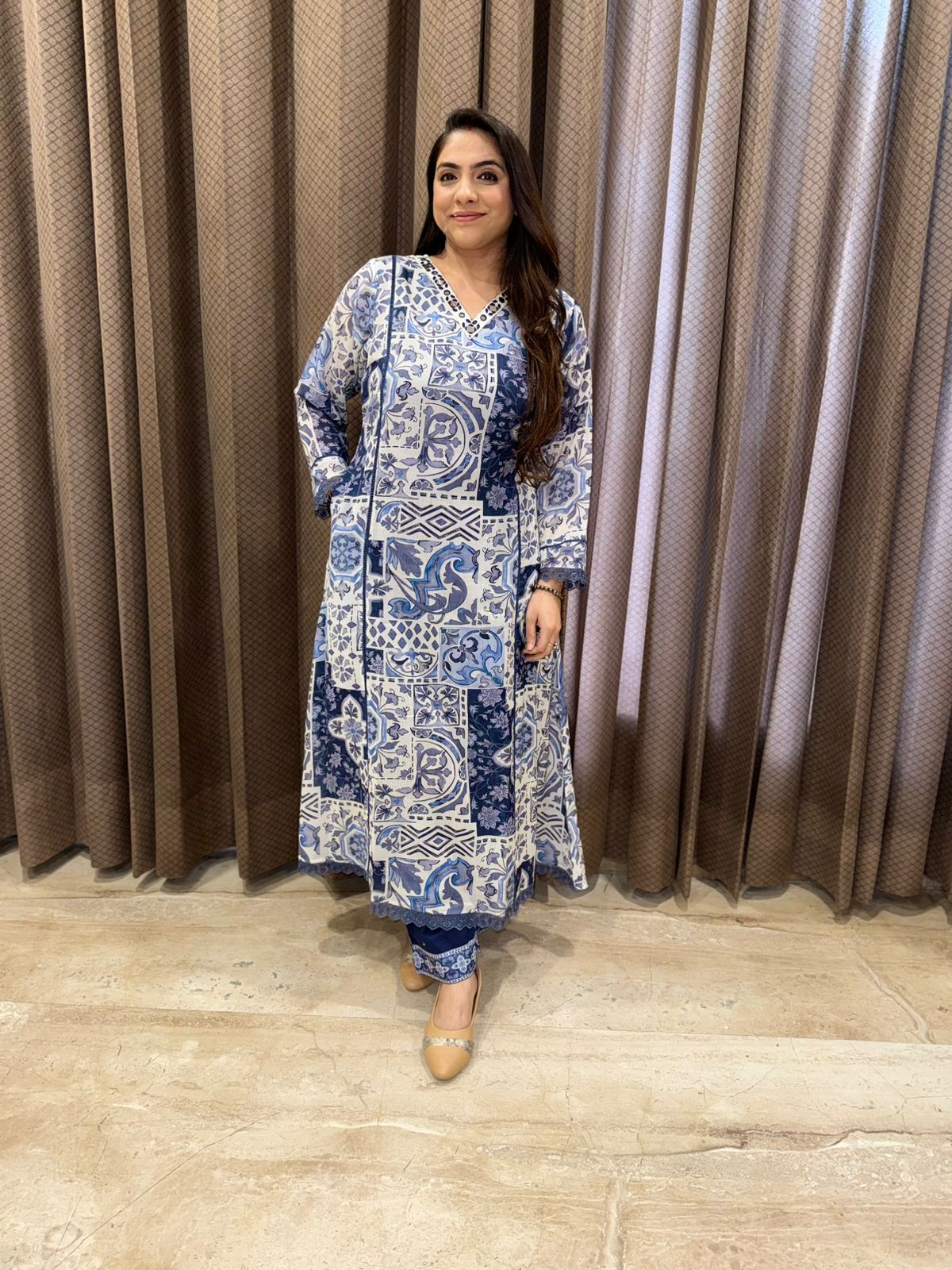 Blue Sapphire  A line Heritage print kurta set with dupatta