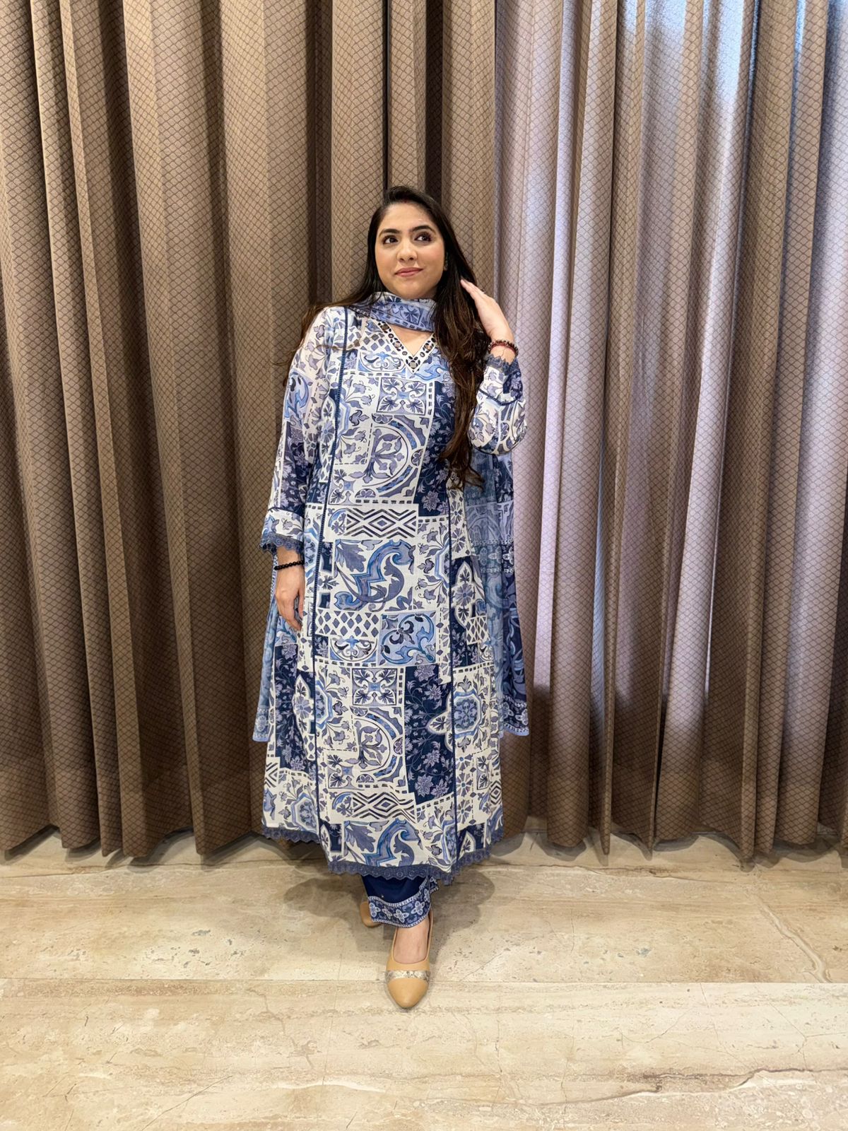 Blue Sapphire  A line Heritage print kurta set with dupatta