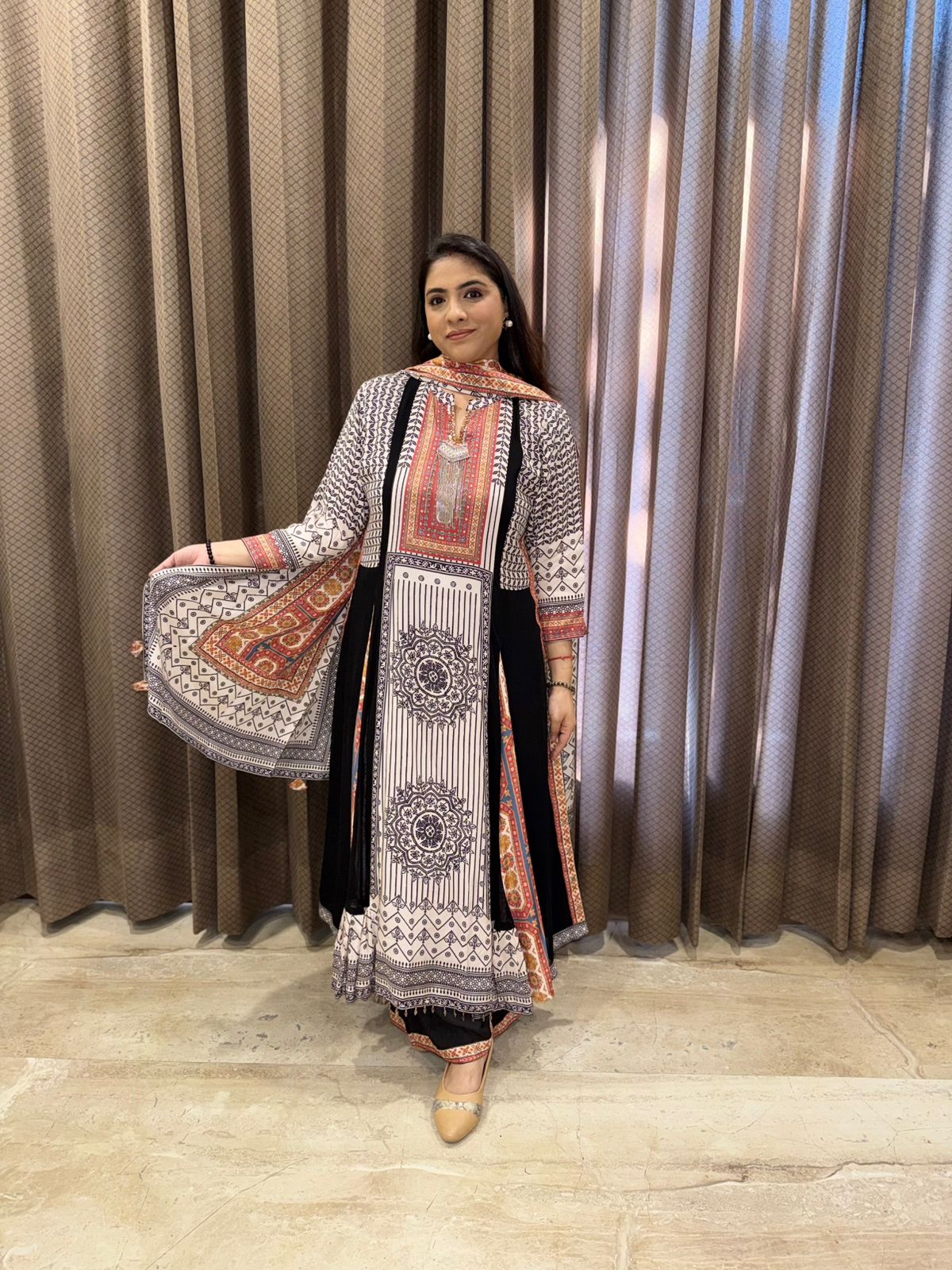 Black Designer Anarkali Set with Rust Contrast & patterns