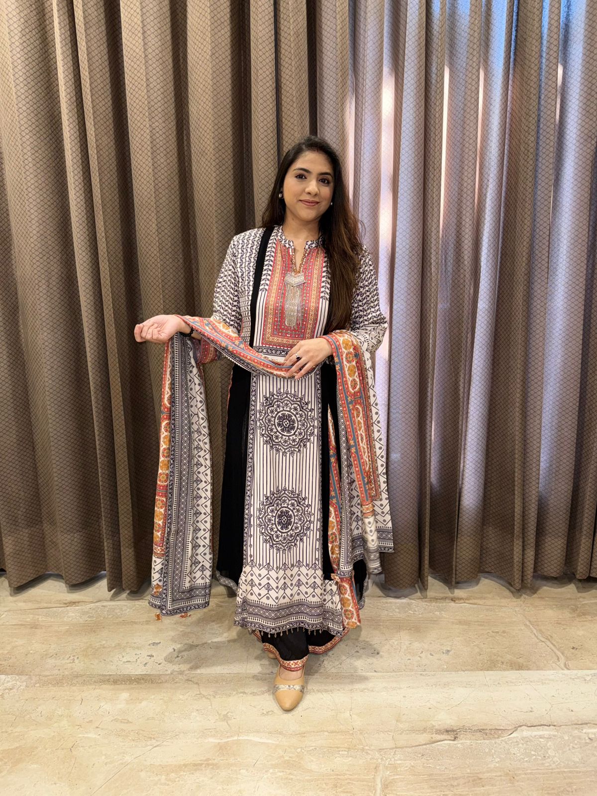 Black Designer Anarkali Set with Rust Contrast & patterns