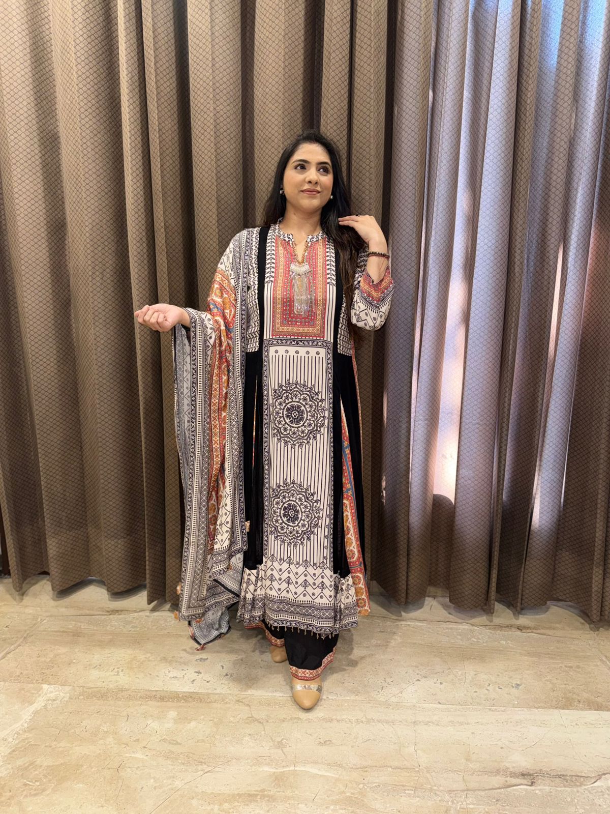 Black Designer Anarkali Set with Rust Contrast & patterns