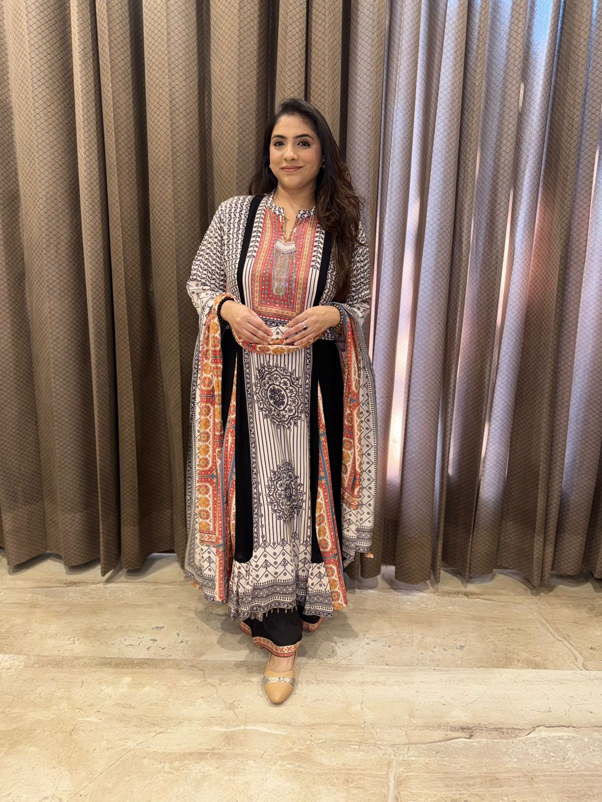 Black Designer Anarkali Set with Rust Contrast & patterns