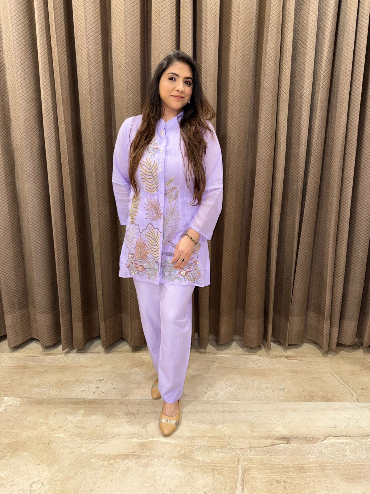 Soft purple Co-ord set with floral embroidery and handwork