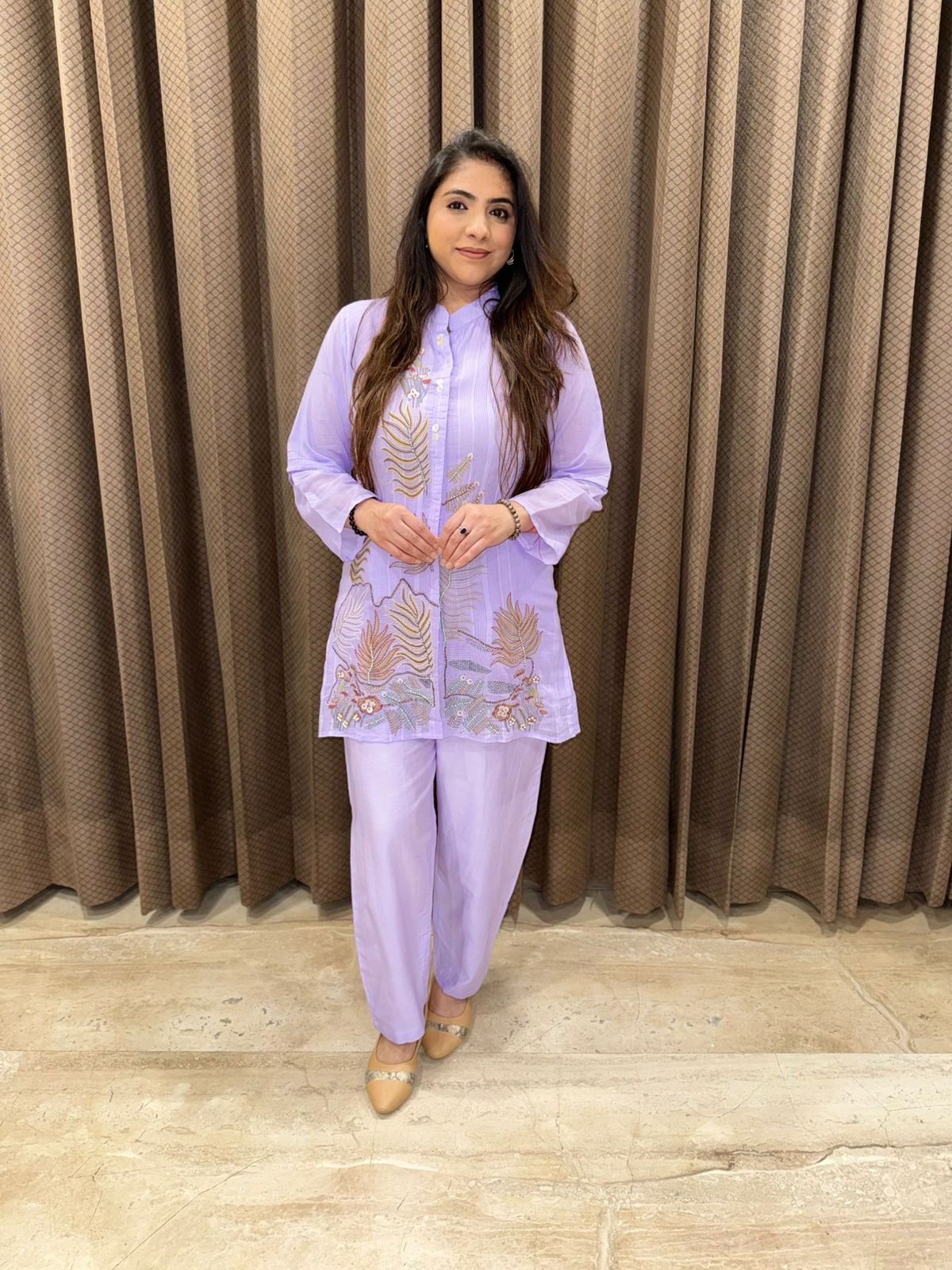Soft purple Co-ord set with floral embroidery and handwork