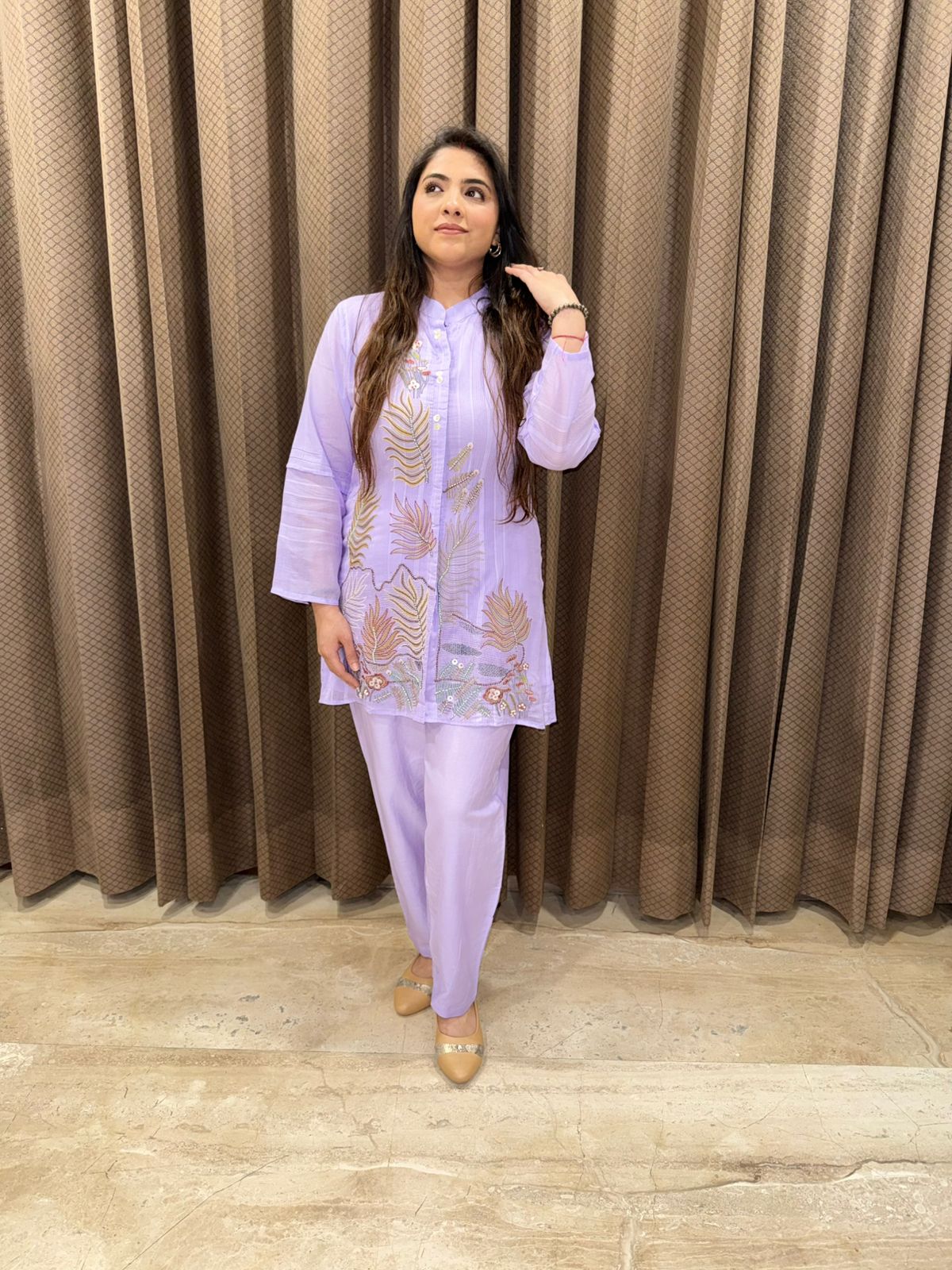 Soft purple Co-ord set with floral embroidery and handwork