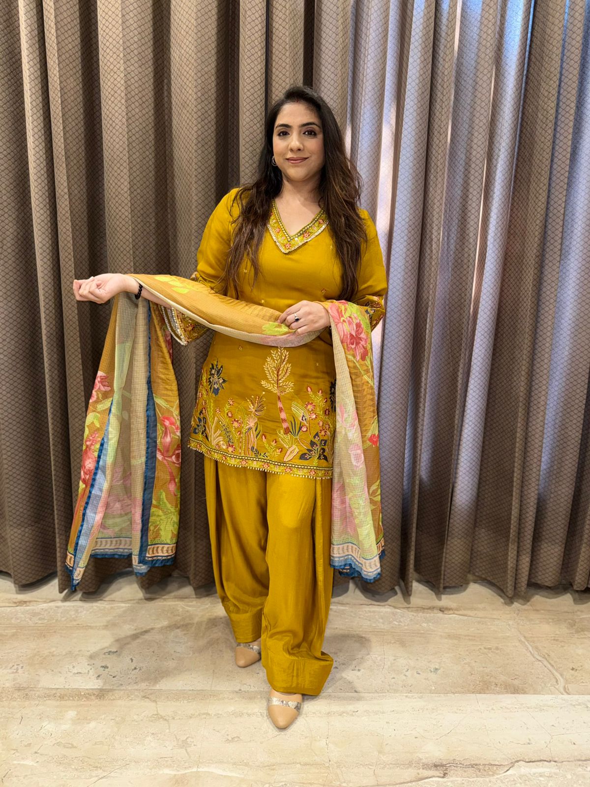 Mustard Yellow Farshi set with handwork detailing