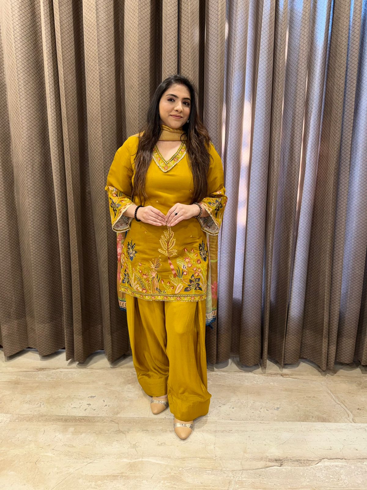 Mustard Yellow Farshi set with handwork detailing