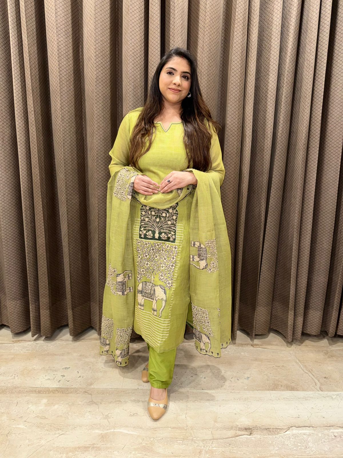 Designer Elephant Kantha work Straight suit set with Dupatta