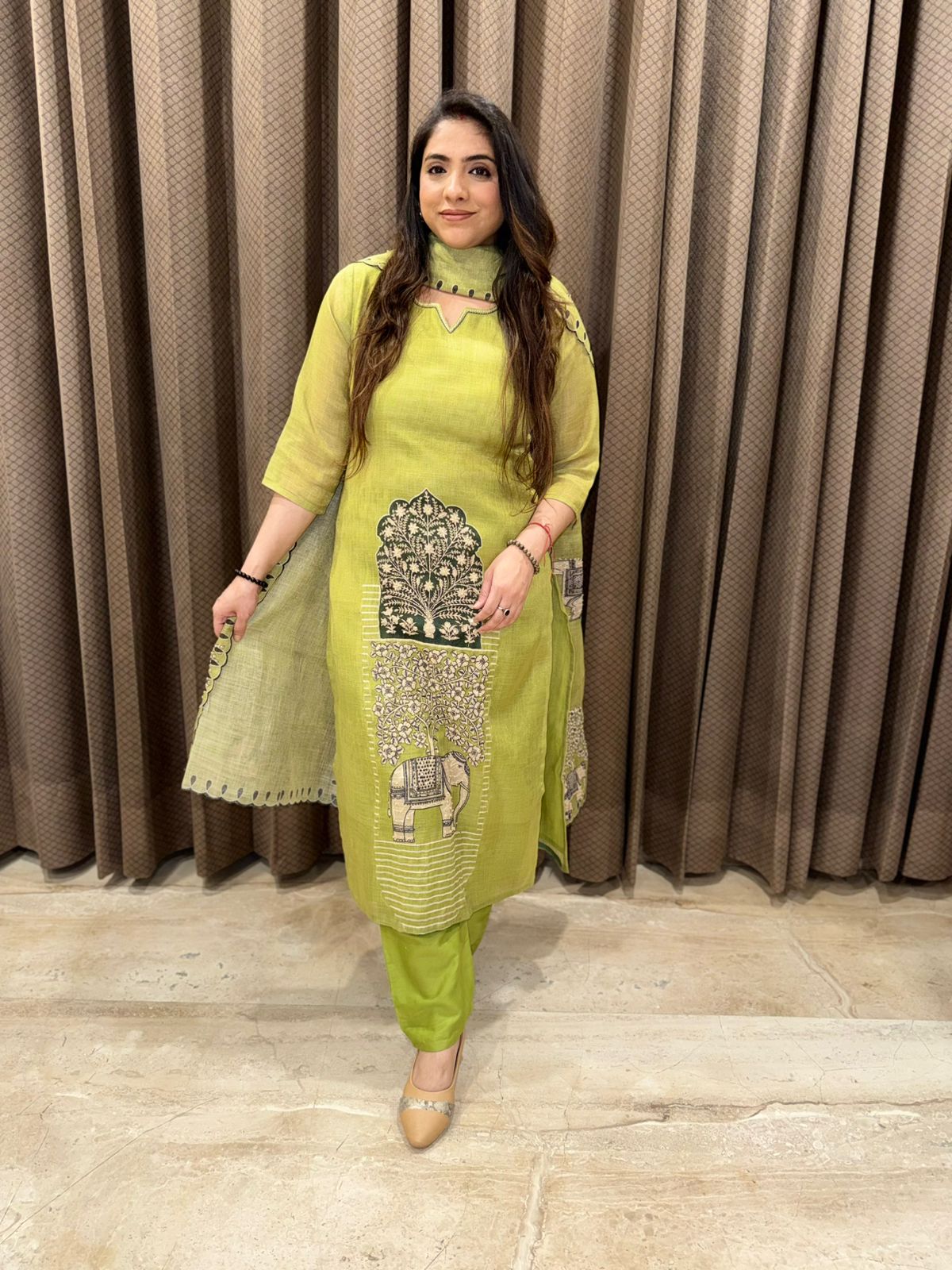 Designer Elephant Kantha work Straight suit set with Dupatta