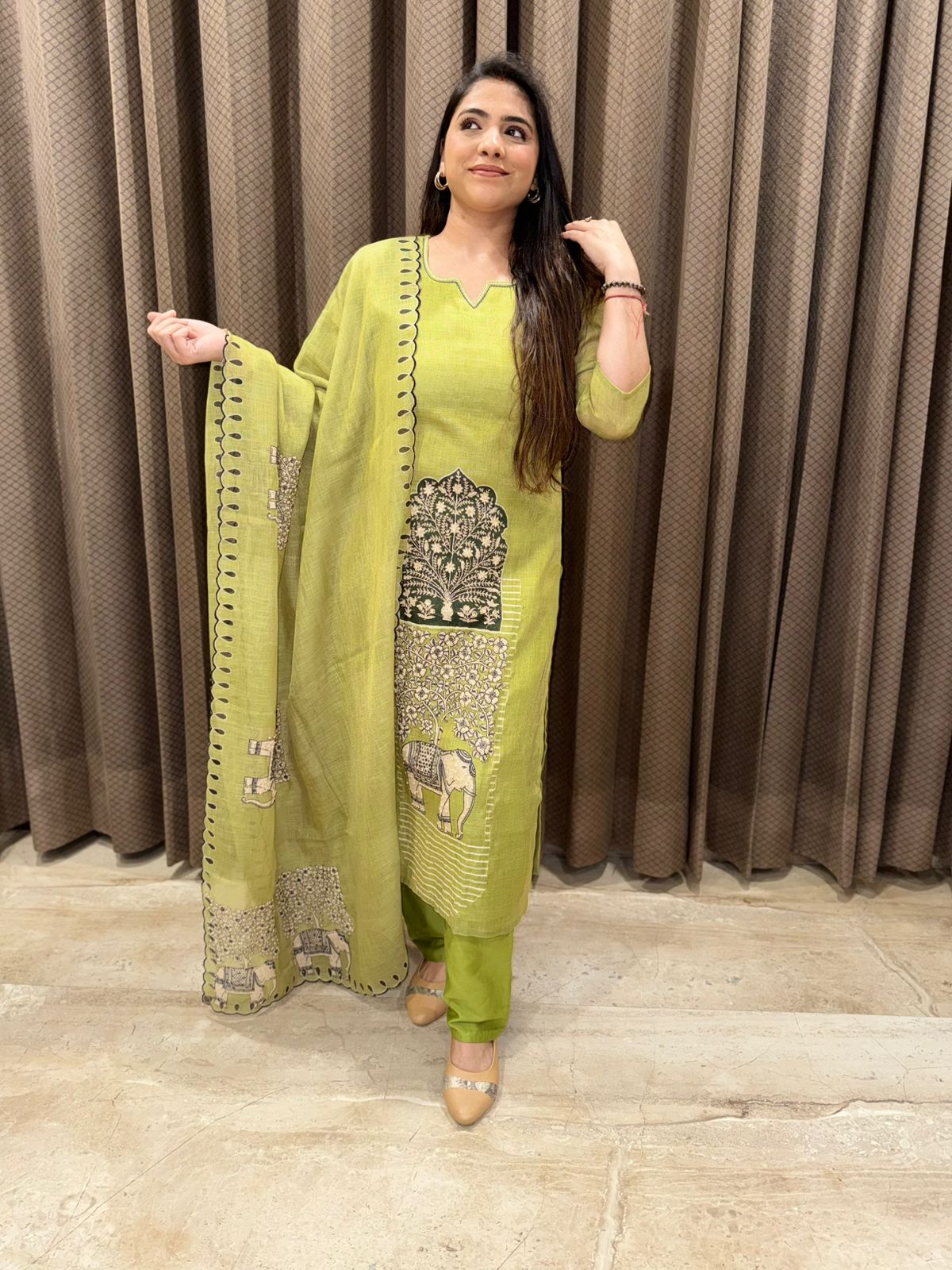 Designer Elephant Kantha work Straight suit set with Dupatta