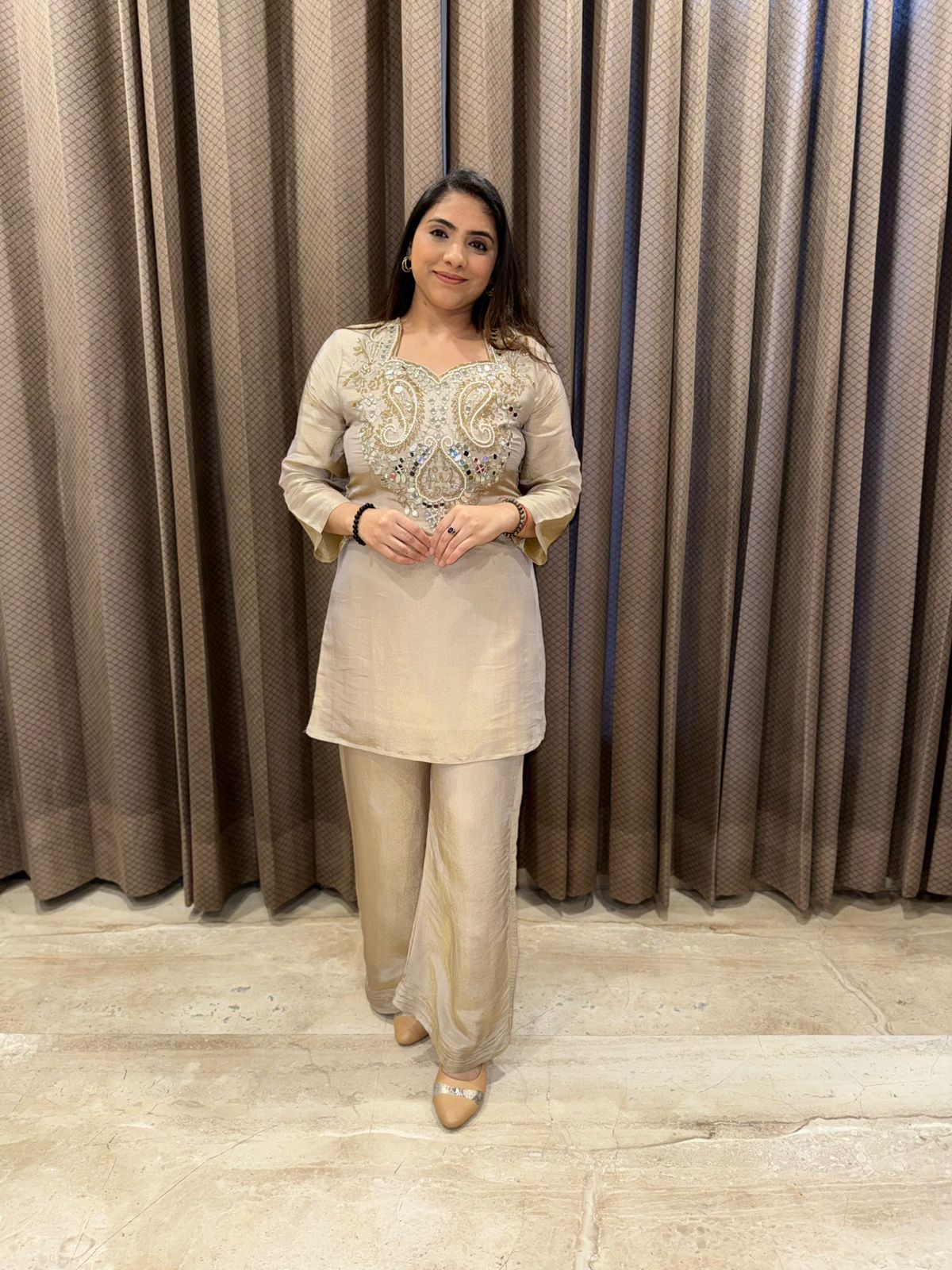 Gorgeous Champagne Co-ord set with Handwork detailing