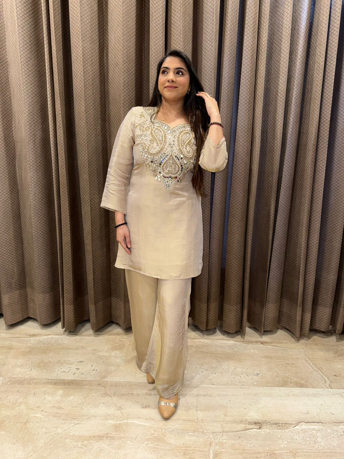 Gorgeous Champagne Co-ord set with Handwork detailing