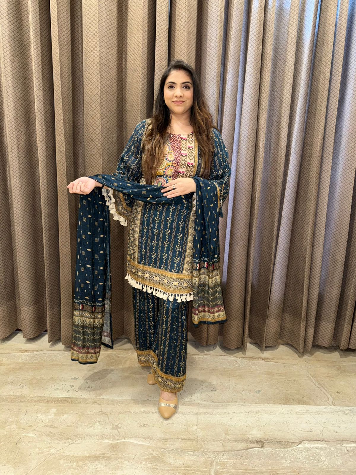 Elegant Blue suit set with Multicolour Detailing & tassel work