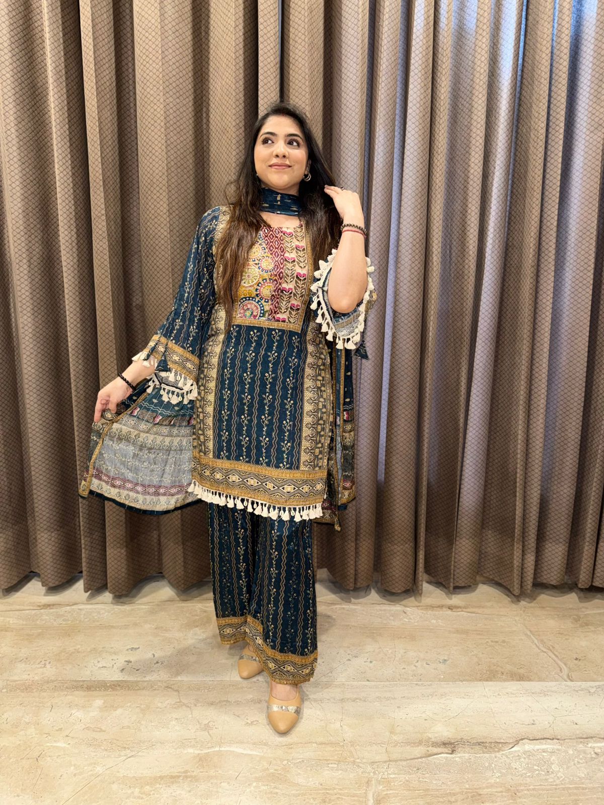 Elegant Blue suit set with Multicolour Detailing & tassel work