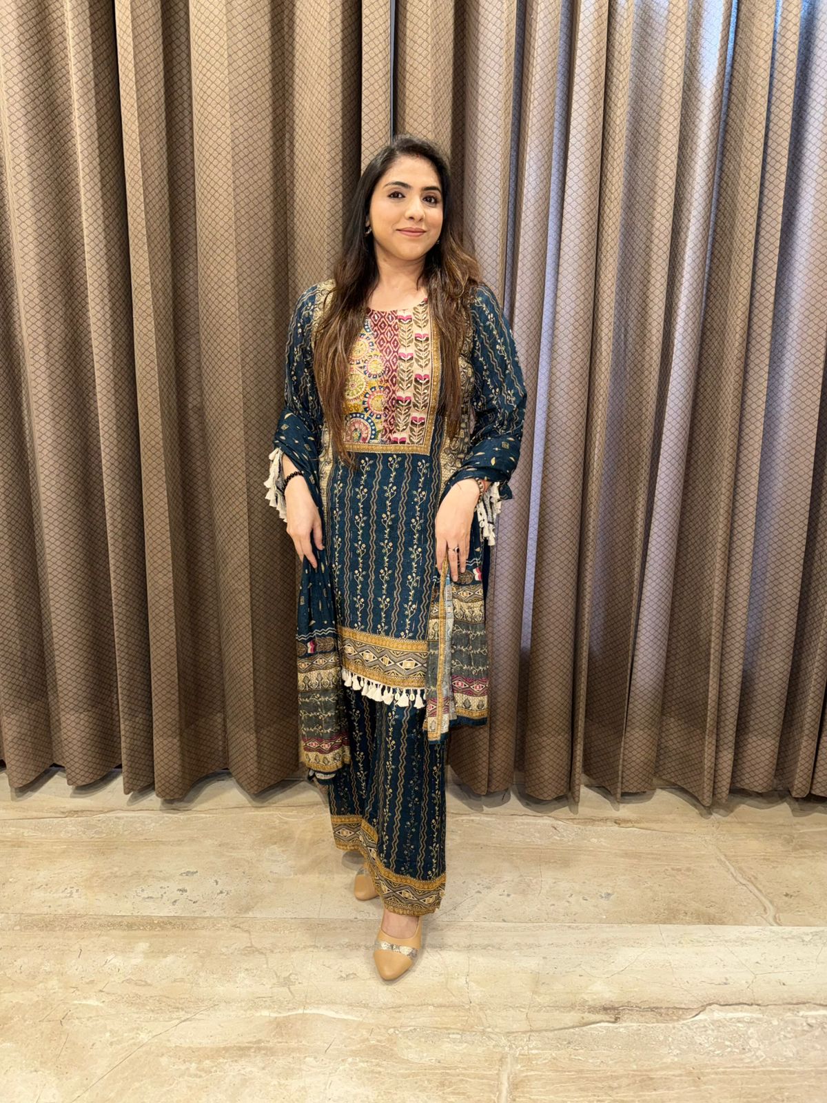 Elegant Blue suit set with Multicolour Detailing & tassel work