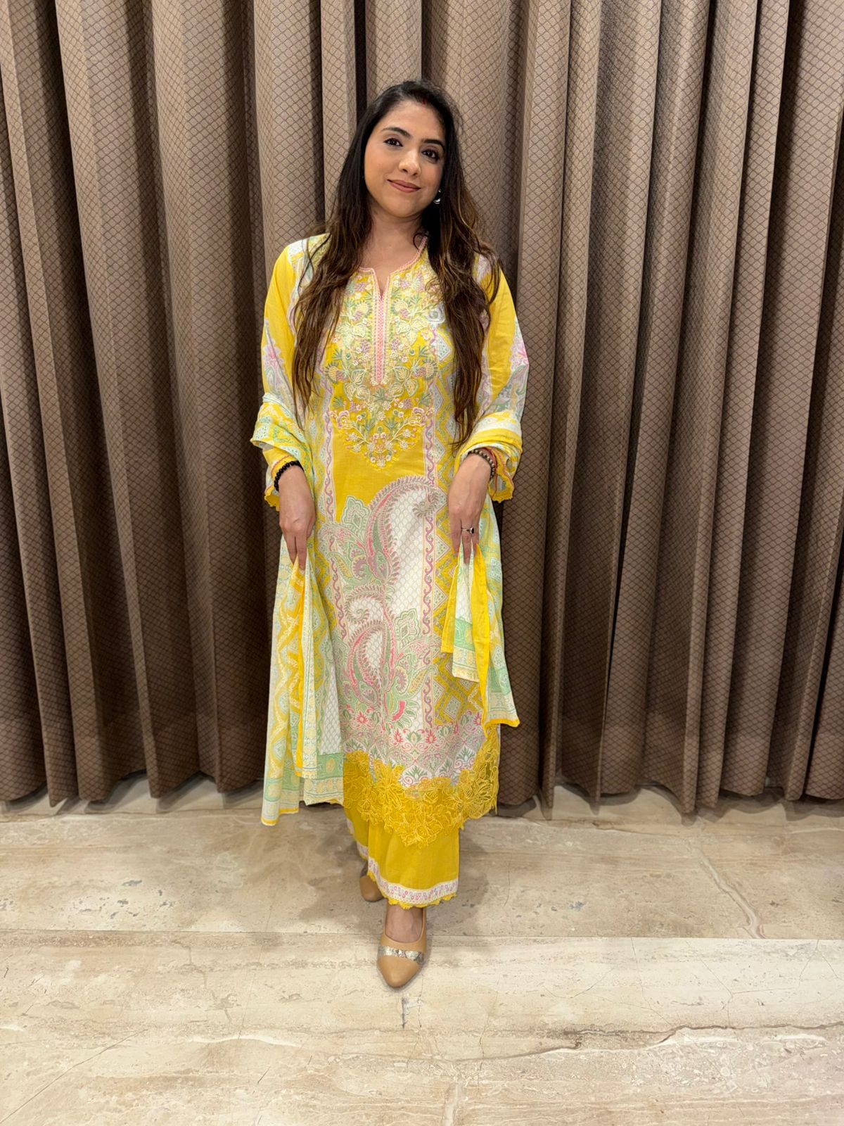 Sunshine Yellow Floral Printed Kurta Set with Pastel Detailing