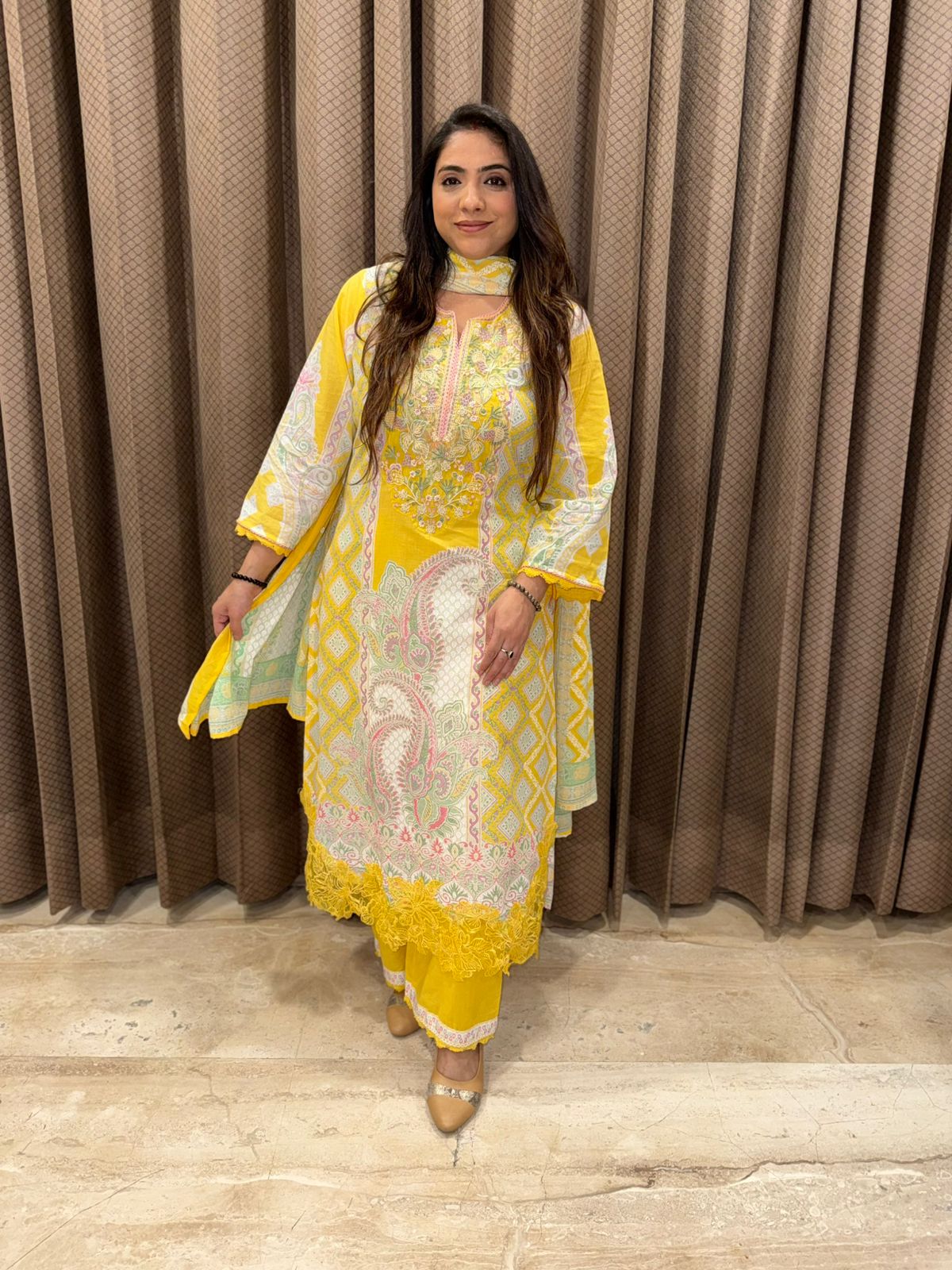 Sunshine Yellow Floral Printed Kurta Set with Pastel Detailing