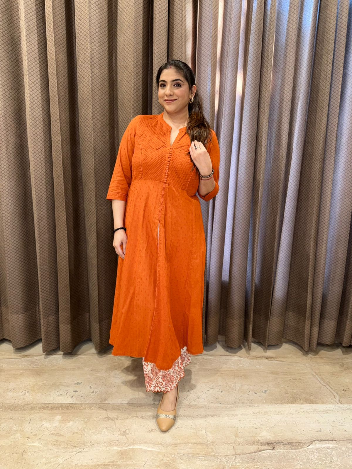 Rust Textured Co-ord Set with Thread embroidery Bottoms