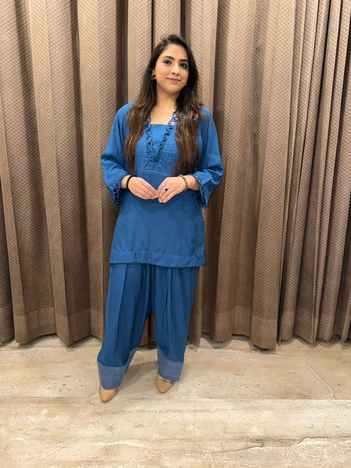 Blue farshi Co-ord set with  designer neck and sleeves