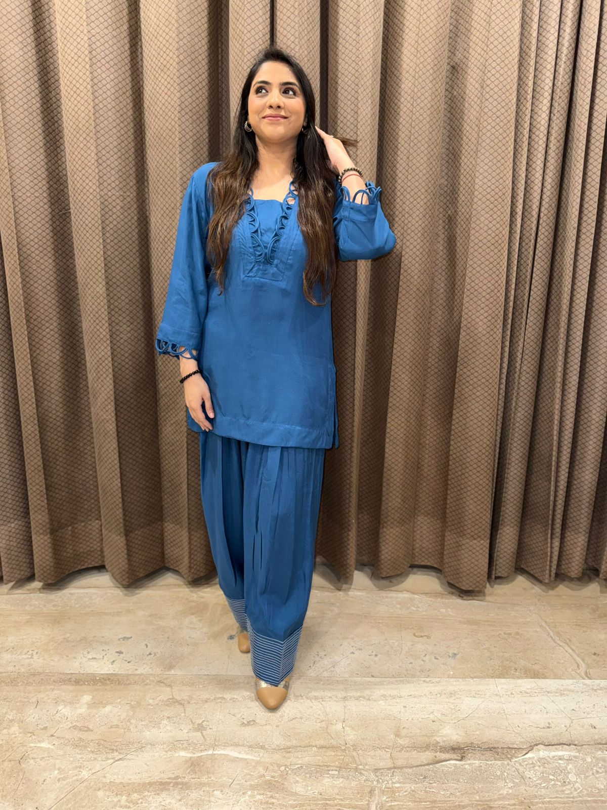 Blue farshi Co-ord set with  designer neck and sleeves