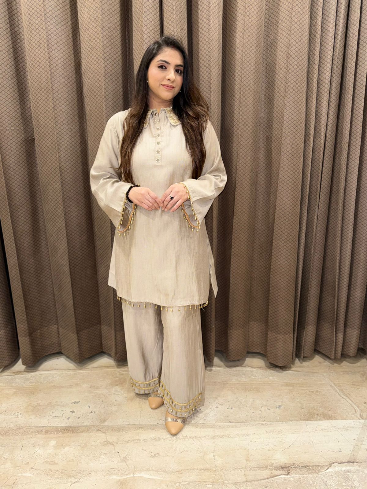 Exclusive Champagne Co-ord set with handwork on collar and back