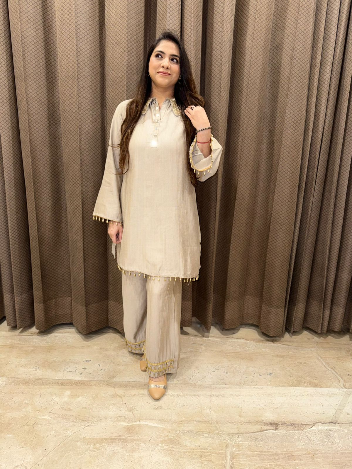 Exclusive Champagne Co-ord set with handwork on collar and back