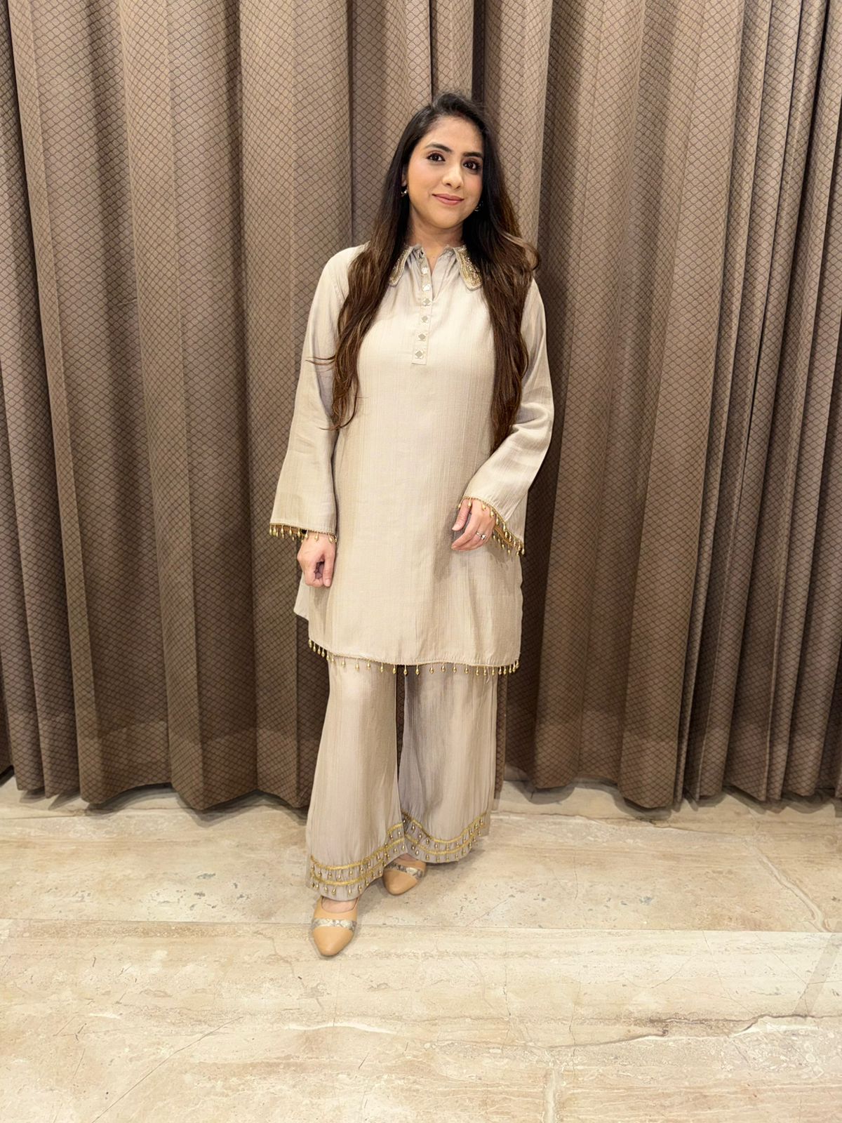 Exclusive Champagne Co-ord set with handwork on collar and back