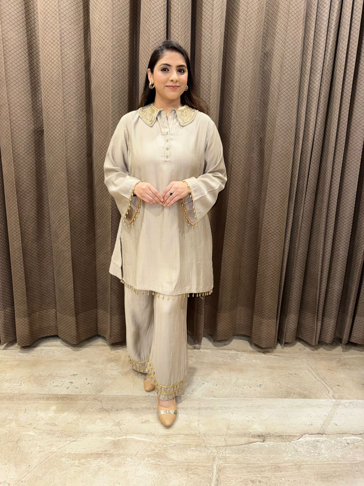 Exclusive Champagne Co-ord set with handwork on collar and back