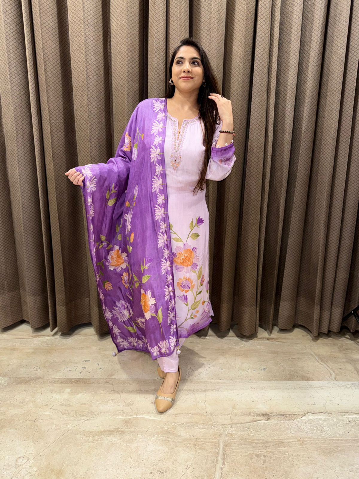 Ombre Lilac Handpainted Straight suit set with handwork detailing