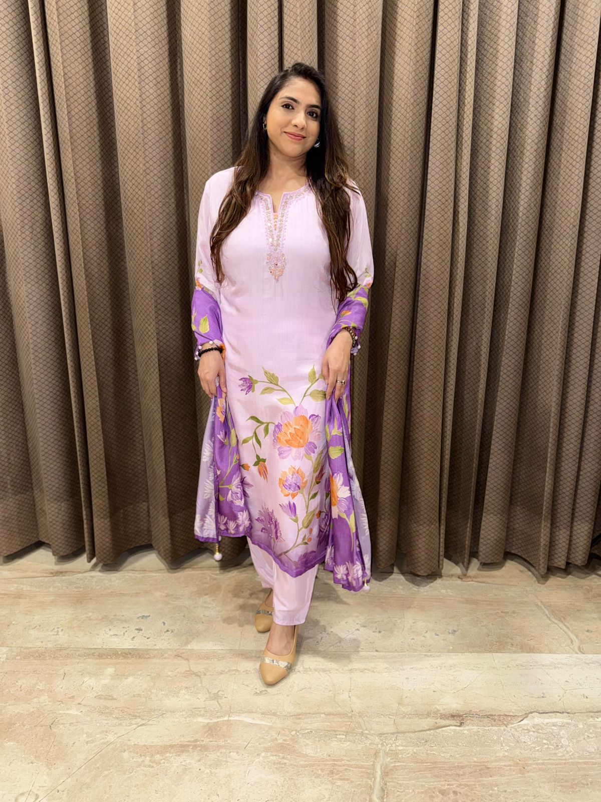 Ombre Lilac Handpainted Straight suit set with handwork detailing
