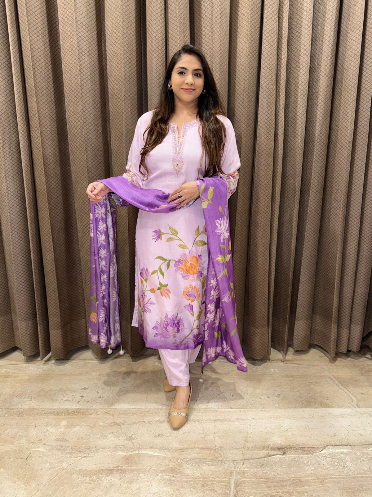 Ombre Lilac Handpainted Straight suit set with handwork detailing