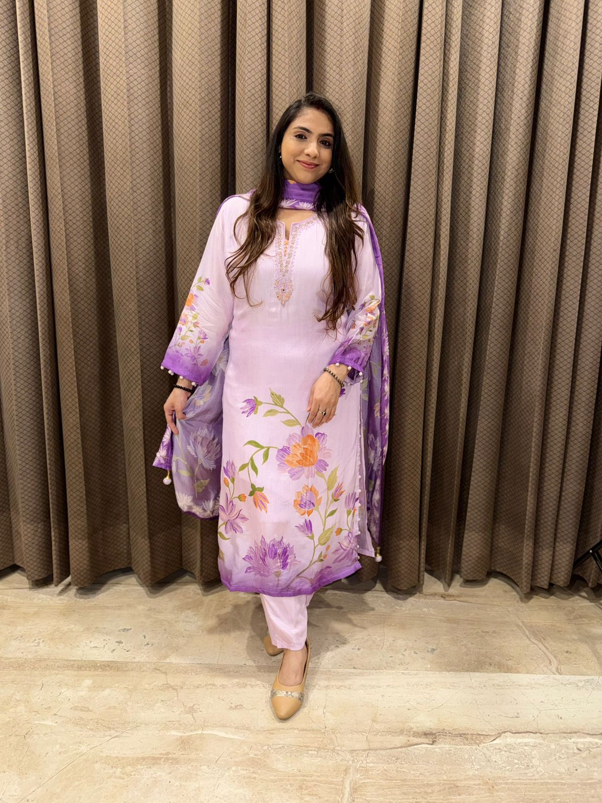 Ombre Lilac Handpainted Straight suit set with handwork detailing