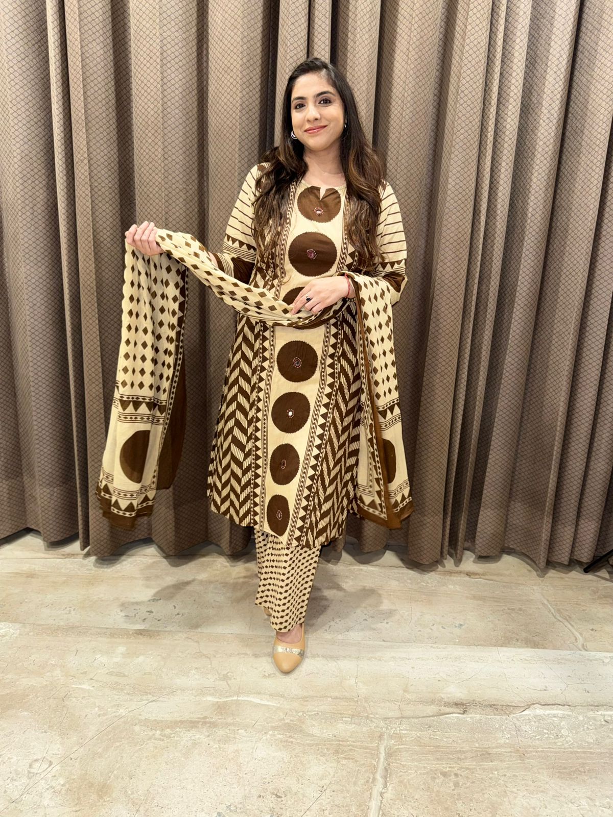 Chocolate Brown & Beige Geometric Print Kurta Set with dupatta