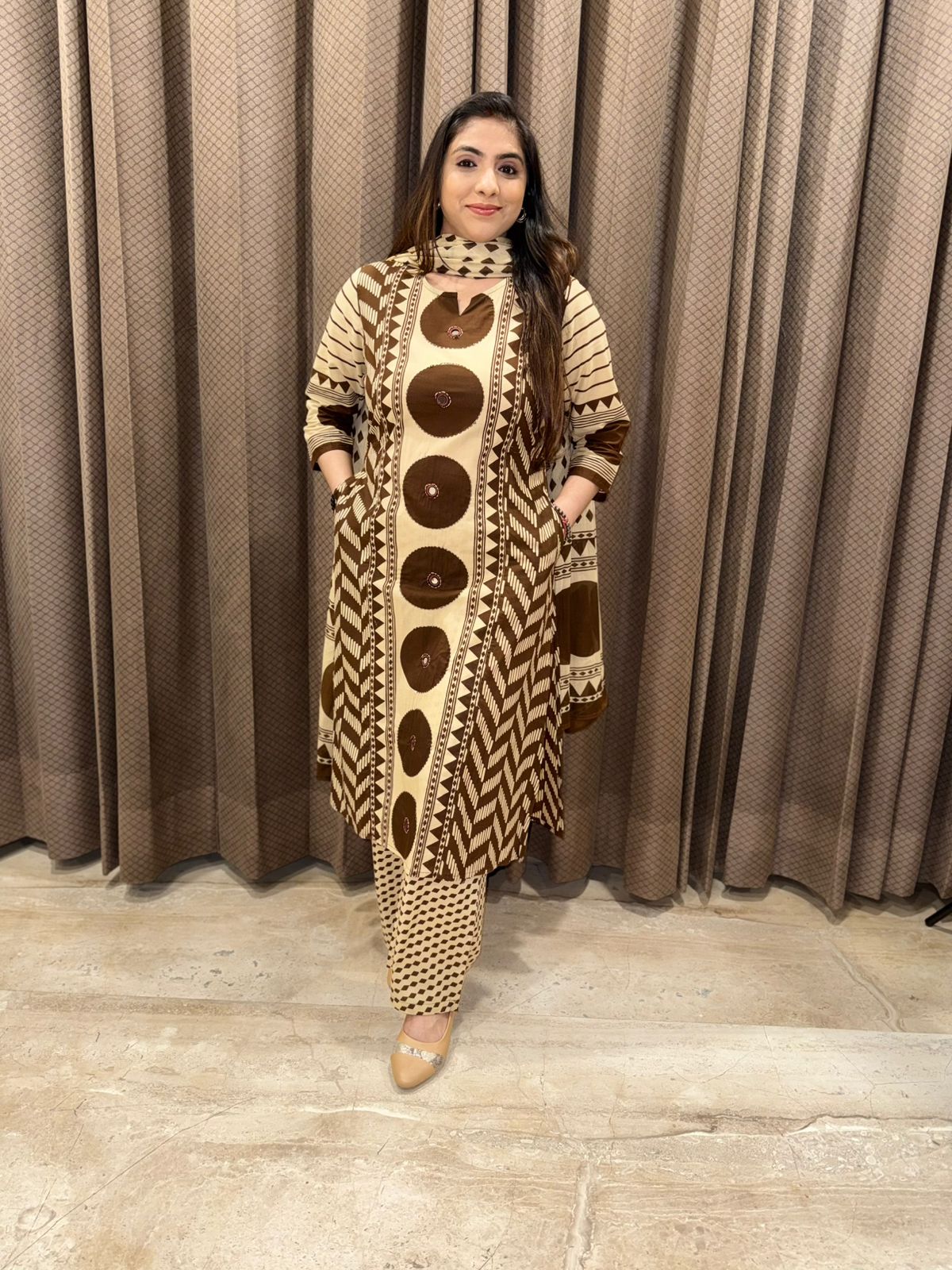 Chocolate Brown & Beige Geometric Print Kurta Set with dupatta