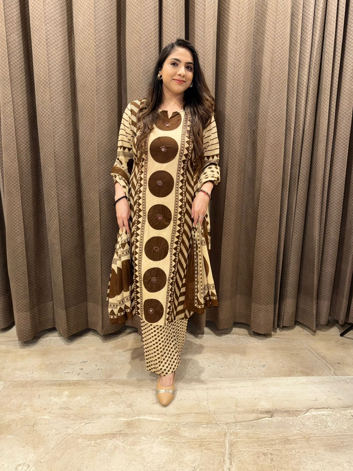 Chocolate Brown & Beige Geometric Print Kurta Set with dupatta
